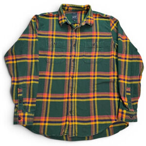 Gap Plaid Flannel Button Up Shirt Men’s Large Green Orange Standard Fit